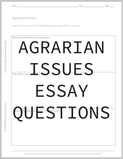Agrarian Issues Essay Questions - Free to print (PDF file) for high school United States History students.