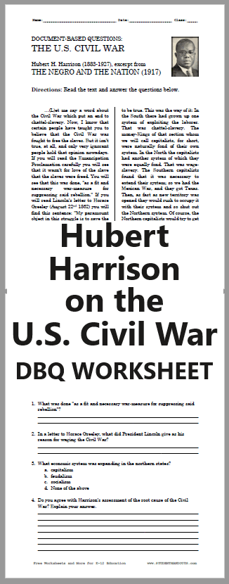 DBQ Worksheet: Hubert Harrison on the American Civil War. Free to print (PDF file).