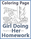 Girl Doing Her Homework Coloring Page for Kids