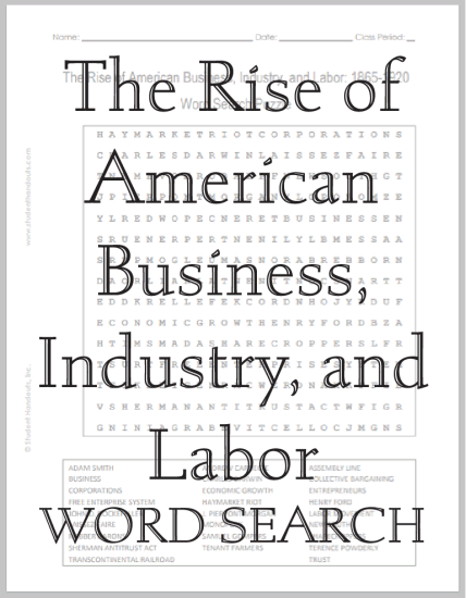 Rise of American Business, Industry, and Labor: 1865-1920 - Free printable word search puzzle (PDF file).
