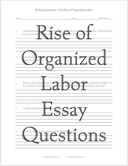The rise of organized labor - free printable worksheet with essay questions.