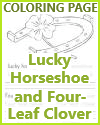 Lucky horseshoe and four-leaf clover coloring page with handwriting practice