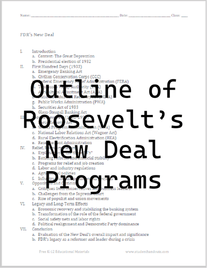 Outline of Roosevelt's New Deal Programs - Free to print (PDF file). Students complete this rough outline.