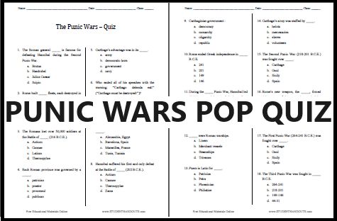 Pop Quiz on the Punic Wars - Free to print (PDF file) for high school World History students.