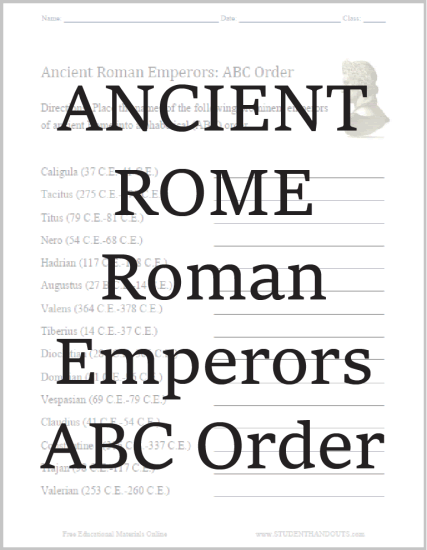 ABC Order: Ancient Roman Emperors - Students alphabetize the names of ancient Rome's emperors. Worksheet is free to print (PDF file).