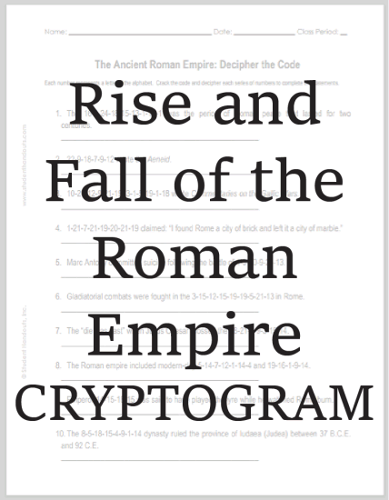 Ancient Roman Empire - Decipher-the-code puzzle worksheet is free to print (PDF file).