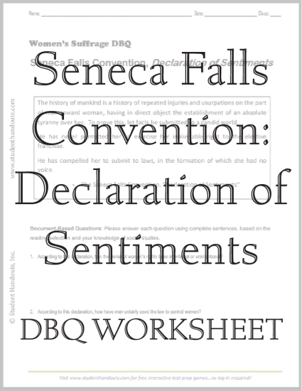 Seneca Falls Convention: Declaration of Sentiments DBQ worksheet. Free to print (PDF file).