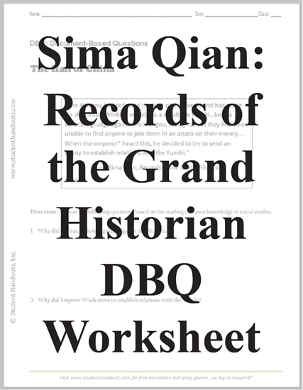 Sima Qian - Records of the Grand Historian - DBQ worksheet is free to print (PDF file). Designed for high school World History classes.