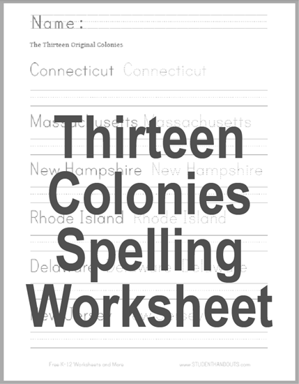 Thirteen Colonies Handwriting and Spelling Sheet - Free to print (PDF file). For lower elementary students.