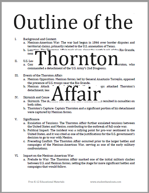 Thornton Affair Printable Outline - Free to print (PDF files). Includes a version with space for student note-taking.