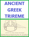 A section of a Greek trireme (restoration).  The Athenian trireme was a ship having three banks of oars.  The oarsmen were placed in tiers, the top row wielding the longest oars.  The ship was about 115 feet long, with a height above water of 10 feet and a width across decks of 18 feet.