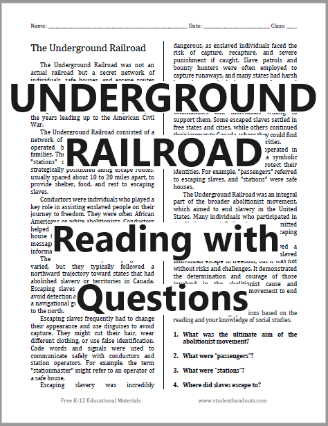 Underground Railroad Reading with Questions - Free to print (PDF file). For American History students in grades 7-12.