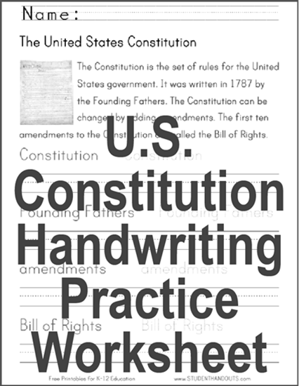 U.S. Constitution Handwriting Practice Worksheet - Free to print (PDF file) for kindergarten and first grade.