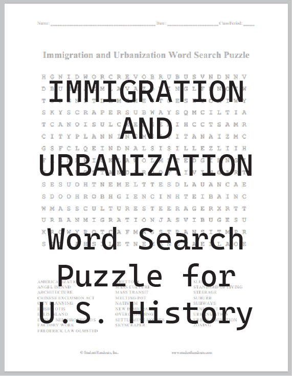Immigration and Urbanization Word Search Puzzle - Free to print (PDF file).