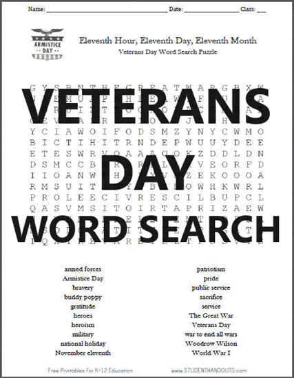 Veterans Day Word Search Puzzle - Free to print (PDF file).