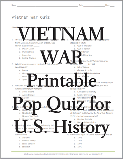Vietnam War Printable Pop Quiz - Free to print (PDF file) For high school American History classes.