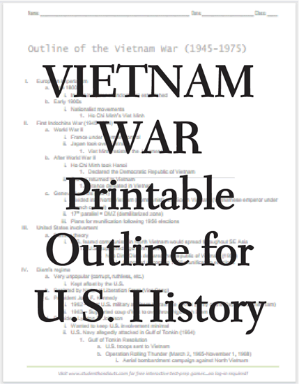 Vietnam War Outline: Facts and Timeline - Free to print (PDF file) for high school United States History students.