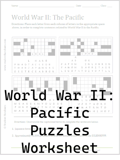 World War II in the Pacific Puzzles Worksheet - Free to print (PDF file) for high school United States History students.