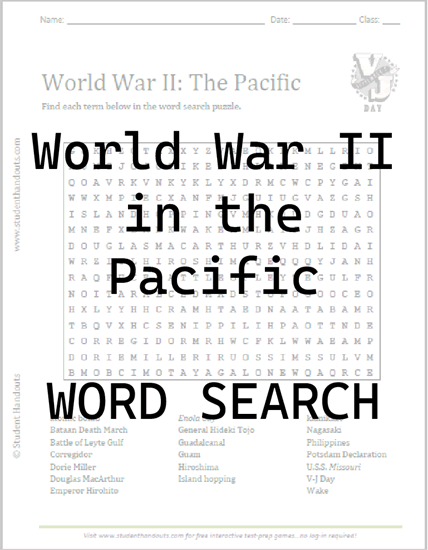 World War II in the Pacific Word Search Puzzle - Free to print (PDF file) for United States History students.