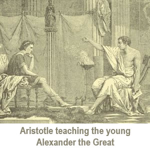 Aristotle teaching the young Alexander of Macedon.
