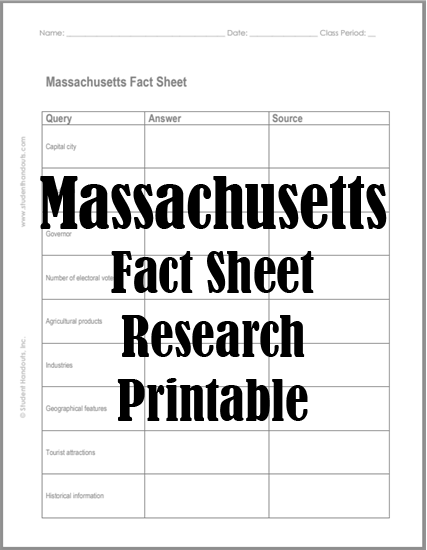 Massachusetts State Fact Sheet - Free to print (PDF file). Perfect for notebooking.