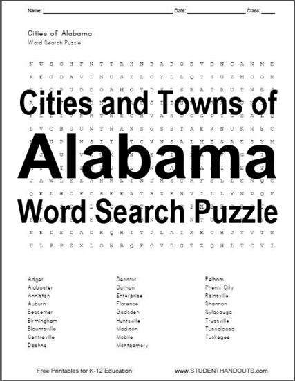 Cities of Alabama Printable Word Search Puzzle Worksheet