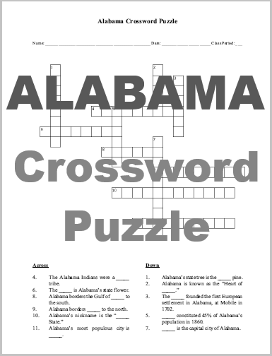 Alabama Crossword Puzzle - Free to print (PDF file).
