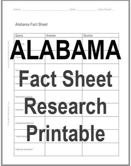 Alabama DIY Facts Worksheet - Free to print (PDF file).