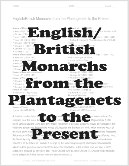 List of British Monarchs Since 1154 - Free to print (PDF file).