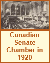 Canadian Senate Chamber, Ottawa, Ontario, Canada, 1920.  The new parliament building, completed in 1920, takes the place of the former structure which was destroyed by fire in 1916.  The parliament, which includes French as well as English speaking members, is addressed in both languages. 