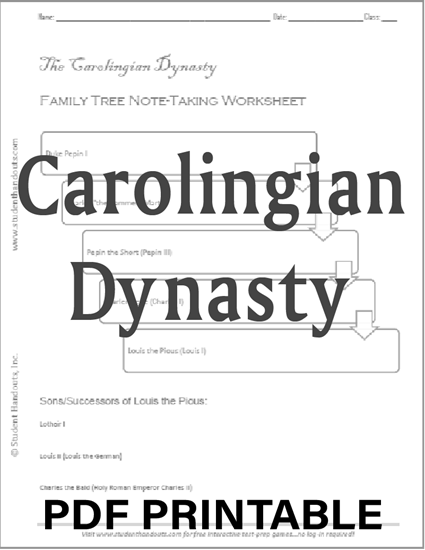 The Carolingian Dynasty - Family tree note-taking worksheet. Free to print (PDF file).