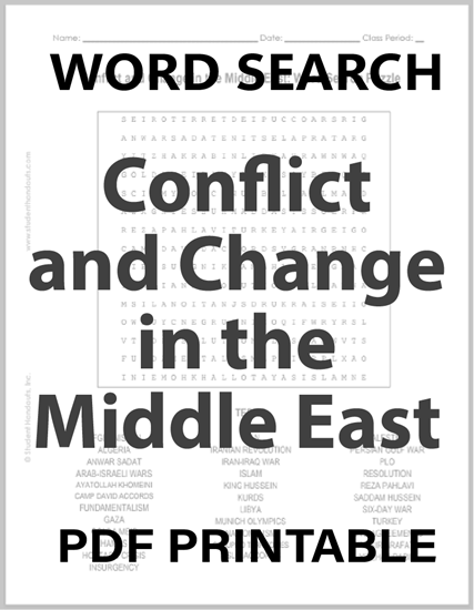 Conflict and Change in the Middle East Word Search Puzzle - Free to print (PDF file) for high school World History students.