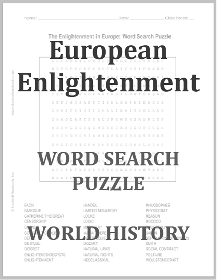 The Enlightenment in Europe - Word Search Puzzle - Free to print (PDF file) for high school World History or European History students.