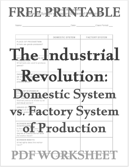 The Industrial Revolution: Domestic System versus Factory System of Production Free Printable Chart Worksheet for Students (PDF File)
