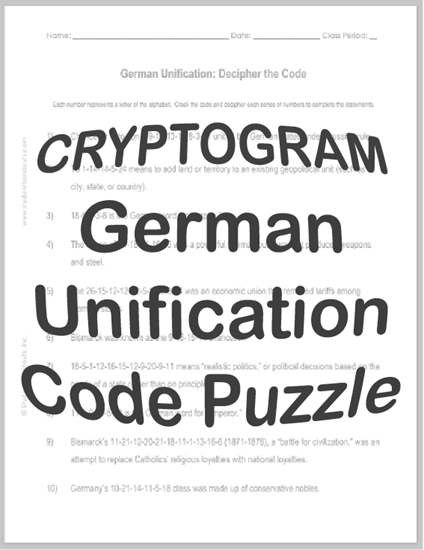 German Unification Code Puzzle Worksheet - Free to print (PDF file).