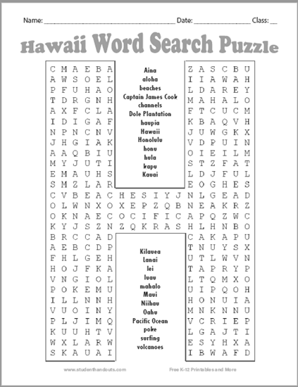 Hawaii Word Search Puzzle - Free to print (PDF file). Fun puzzle in the shape of the letter "H."