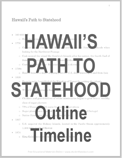 Hawaii's Path to Statehood - Free printable timeline/outline of Hawaiian history (PDF file).