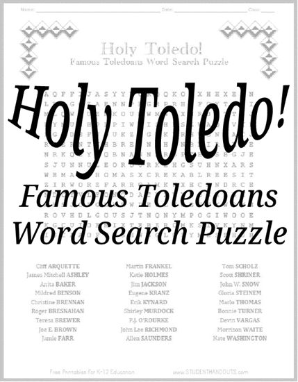 Famous People from Toledo, Ohio, Word Search Puzzle Worksheet - Free to Print (PDF File)