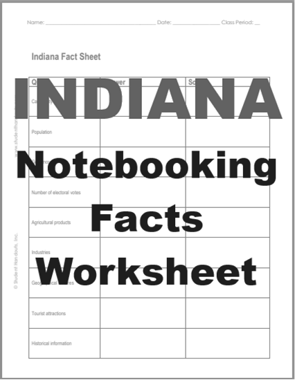 Indiana Facts Notebooking Worksheet - Free to print (PDF file).