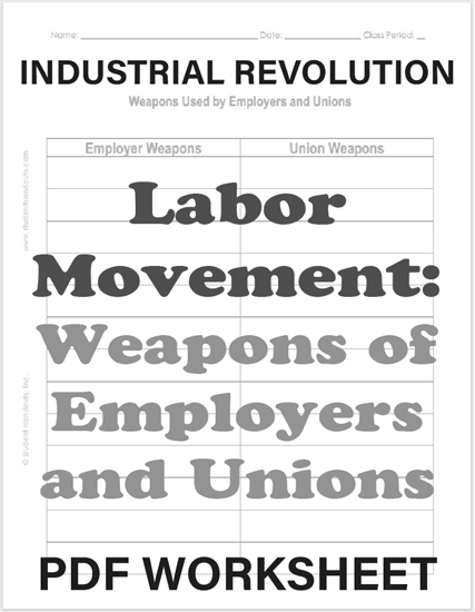 Weapons of Unions and Employers in the Labor Movement - Free Printable Worksheet (PDF File)