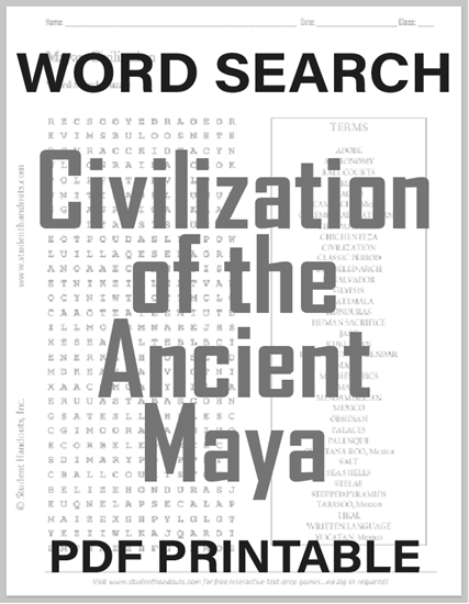Civilization of the Ancient Maya Word Search Puzzle - Free to print (PDF file) for high school World History students.