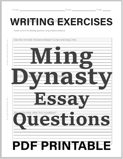 Ming Dynasty Essay Questions - Two free printable worksheets, each featuring three writing exercises.