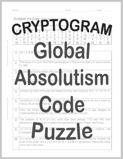 Global Absolutism Decipher the Code Puzzle Worksheet - Free to print (PDF file) for high school World History and European History students.