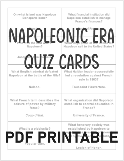 Napoleonic Era Review Cards - Flashcards are free to print (PDF files) for high school World History and European History students.