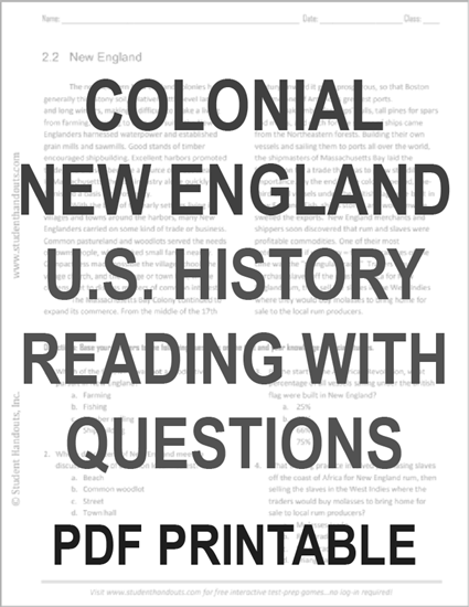 Colonial New England Reading Worksheet for American History - Free to print (PDF file).