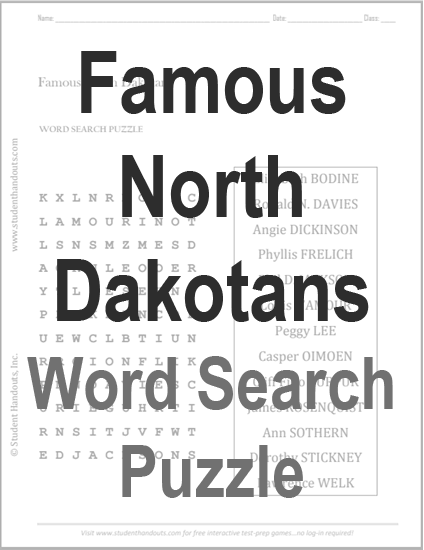 Famous North Dakotans Word Search Puzzle - Free to print (PDF file).
