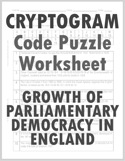 Parliamentary Democracy in England - Free Printable Decipher the Code Puzzle for World History (PDF File)