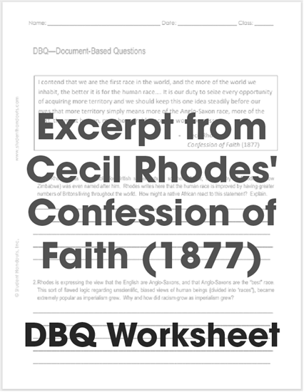 Free Printable DBQ Worksheet - Excerpt from Cecil Rhodes' Confession of Faith (1877) - PDF