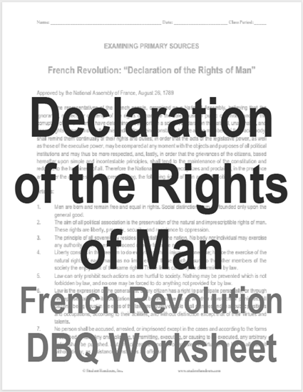 Declaration of the Rights of Man (1789) DBQ Worksheet on the French Revolution - Free to print (PDF file).