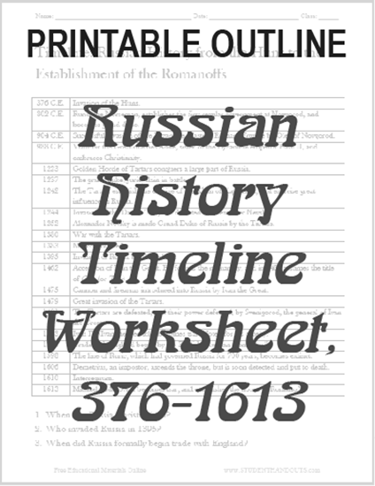 Russian History Timeline Worksheet, 376-1613 - Free to print (PDF file) for high school World History students.